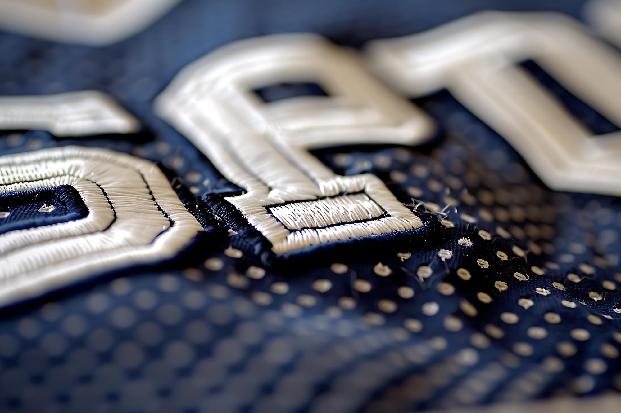 Embroidered badge on denim with tech pattern